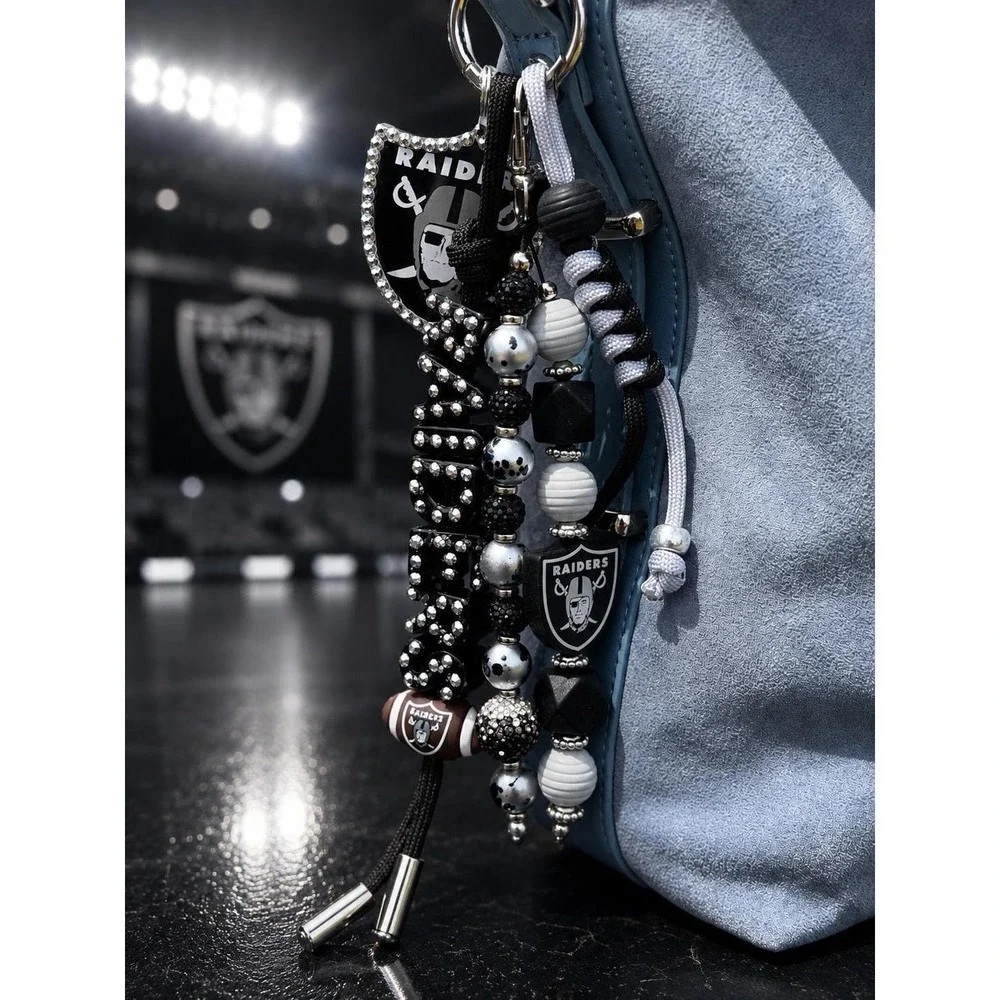 Raiders Purse Charm | Black & Silver Football Keychain